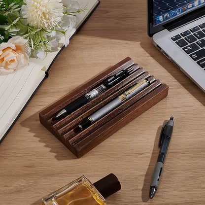 MAYJOYDIY Walnut Horizontal Pen Holder Rectangle Pen Holder Wooden Desk Organizer Pencil Holder with 6 Groove Stylish Vintage Fountain Pen Tray for Home Office Classroom Desktop Accessories