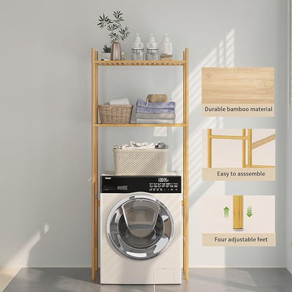 QSN SILK LU 2 Tier Over The Toilet Organizer Rack Bamboo, Freestanding Bathroom Toilet Storage Shelf, Space Saving and Easy to Install, Adjustable Feet, Adjustable Bottom Rod