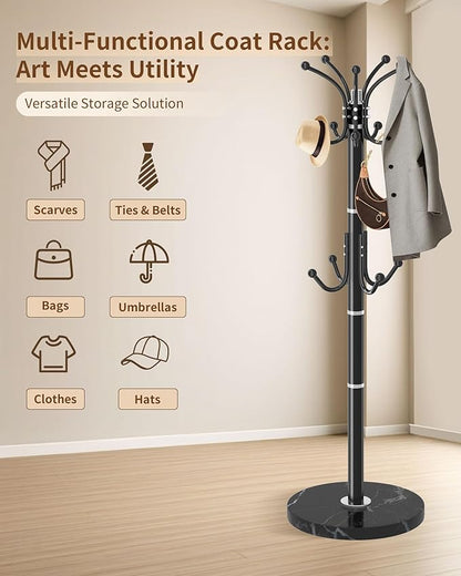 EZIVIEZ Modern Coat Rack Stand, 360° Rotary Metal Freestanding Coat Rack with Natural Marble Base, Black Coat Racks and Coat Hanger Tree Jacket Stand with 14 Hooks for Office, Entryway, Hallway
