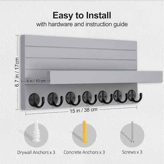 Key Holder Wall Mount, Entryway Key and Mail Holder with 7 Sturdy Hooks for Sunglasses, Dog Leash, Decorative Wall Shelf with Mounting Hardware, 15”W x 6.7”H x 4.2”D (Gray)