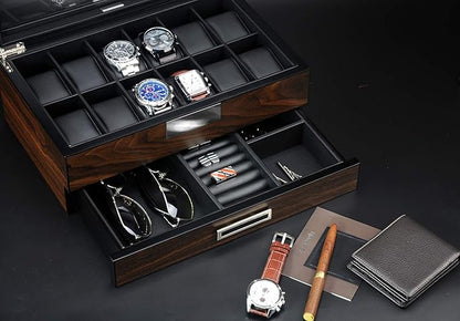 Lifomenz Co Wooden Watch Box for Men Watch Jewelry Box organizer with Valet Drawer,12 Slot Watch Display Case Holder Large Watch,Men Accessories Organizer with Real Glass Window Top