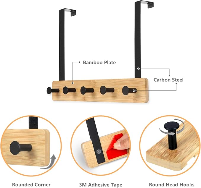 JSVER Wooden Over The Door Hooks 5 Hooks Door Hanger, Sturdy Heavy Duty Coat Rack for Bag, Coat, Towel, Hat, Robes, Scarves, Bedroom, Closet, Bathroom