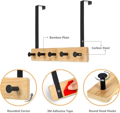 JSVER Wooden Over The Door Hooks 5 Hooks Door Hanger, Sturdy Heavy Duty Coat Rack for Bag, Coat, Towel, Hat, Robes, Scarves, Bedroom, Closet, Bathroom