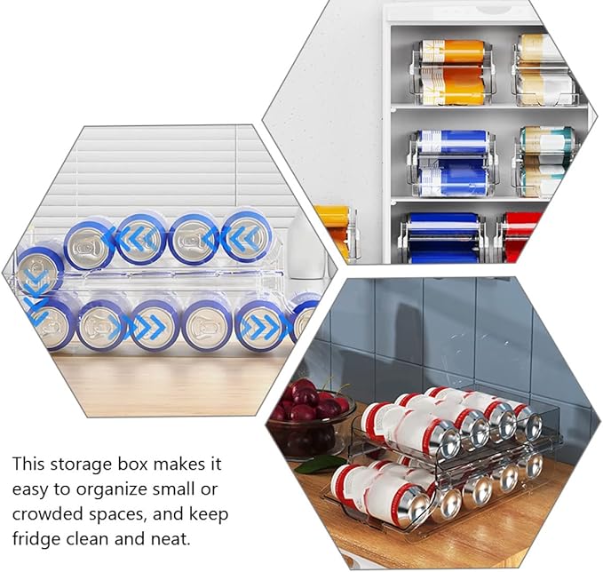 JECOMPRIS Beverage Can Dispenser Clear Canned Drinks Storage Rack Automatic Rolling Organizer for Fridge Pantry Space Saving Drink Holder for Tidy Kitchen Organization