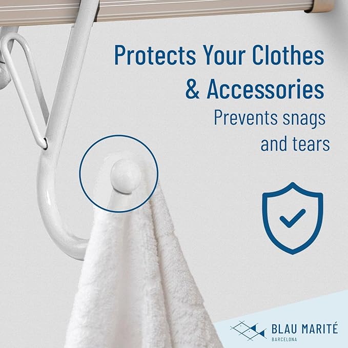 Blau Marité 10-Pack Metal S Hooks for Hanging – Heavy-Duty S-Shaped Hooks with Safety Buckle – Fits Bars up to 0.8 in – Anti-Drop S-Hooks for Kitchen, Bathroom, Closet & Pot Racks – White (Medium)