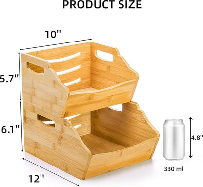 2 Pack Bamboo Stackable Storage Bin, Countertop Open Front Stacking Bins, 2 Tier Organize Basket Box with Handle, Food Fruit Container for Cabinet, Kitchen, Studio, Office