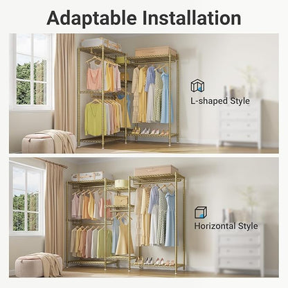 VIPEK Classic V6 Wire Garment Rack Heavy Duty Clothes Rack with 7 Adjustable Shelves & 4 Hanging Rods, Compact DIY Metal Clothing Racks 68.9" L x 15.7" W x 76.4" H, Max Load 840LBS, Gold
