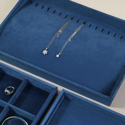 Velvet Jewelry Display Tray For Bracelet Pendant Necklace, Multi-Slot Stackable Storage Tray For Long Chain Jewelries, Drawer Insert Jewelry Organizer (Blue)