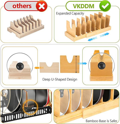 VKDDM Pots and Pans Organizer for under Cabinet - Expandable Bamboo Pot Lid Organizer, Bakeware and Cutting Board Organizers, Drawer Pot Lid Holder Rack for Kitchen Organizers and Storage