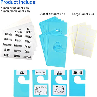 16 Pack White Clothing Rack Size Dividers Plus 45 Labels (1 Inch) and 18 Large Blank Labels, Large Rectangular Clothing Closet Dividers (Blue)