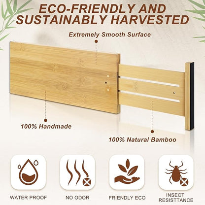 4 Pcs 6 Inch High Drawer Dividers 15"-22" Adjustable Bamboo Drawer Dividers Deep Expandable Dresser Organizer with Spring Loaded for Clothes Bedroom Bathroom Kitchen Fridge Office