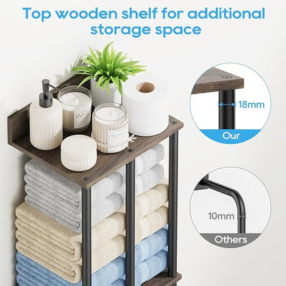 Towel Racks for Bathroom Wall Mounted with Wooden Storage Shelf, Updated 3 Bar Metal Towel Holder for Rolled Towels, Sturdy and Large Capacity, Towel Storage Organizer