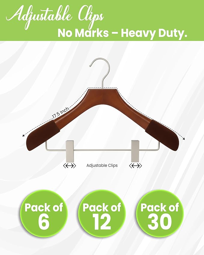 All Hung Up Hangers - Wooden Hangers with Clips for Women, Solid Wood Skirt & Suit Hangers, Heavy-Duty Adjustable Non-Slip Design with Velvet Grip, High Gloss Brown with Brown Velvet, 12 pcs