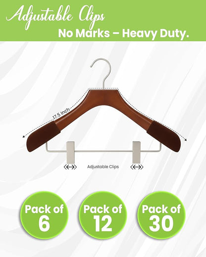 All Hung Up Hangers - Wooden Hangers with Clips for Women, Solid Wood Skirt & Suit Hangers, Heavy-Duty Adjustable Non-Slip Design with Velvet Grip, High Gloss Brown with Brown Velvet, 12 pcs