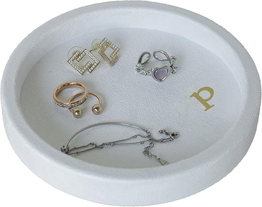 COLLECTIVE HOME - Velvet Jewelry Tray, 6" Monogrammed Jewelry Dish, Smooth Velour Display Dish for Rings, Earrings, Necklaces, Makeup, Personalized Gifts for Women (White-p)