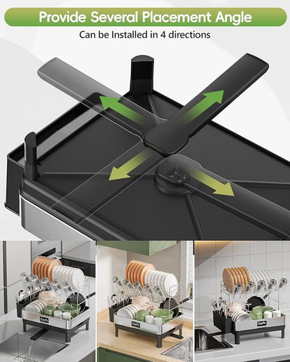 CosyPic 2 Tier Dish Drying Rack, Thicker Premium 304 Stainless Steel Dish Racks for Kitchen Counter, Automatic Drainage Spout, Dish Drainer & Drainboard Set with Utensil Holder and Cup Holder, Black