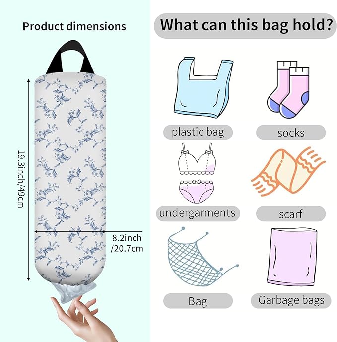 Plastic Bag Holder, Wall Mount Grocery Bag Organizer, Funny Hanging Trash Storage Dispenser for Home Kitchen Cute Blue Floral