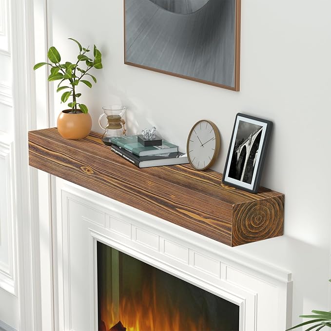 ROOMTEC Fireplace Mantel, 48" Wall Mounted Wood Display Shelving, Handcrafted Natural Mantels Over Fireplace | 48" x 8" x 5" - Brown