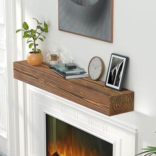 ROOMTEC Fireplace Mantel, 48" Wall Mounted Wood Display Shelving, Handcrafted Natural Mantels Over Fireplace | 48" x 8" x 5" - Brown