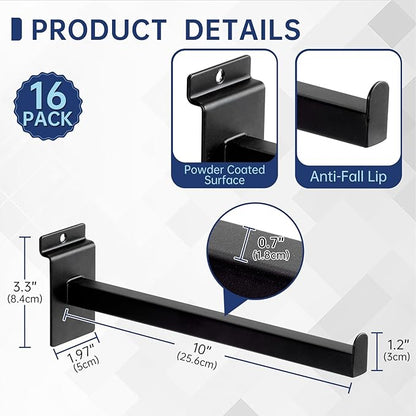 16 Pack Heavy Duty Tube Slatwall Shelf Brackets, Metal Tubular Slat Wall Brackets with Lip, Slatwall Accessories for Garage, Retail, and Home Storage (10 Inch)