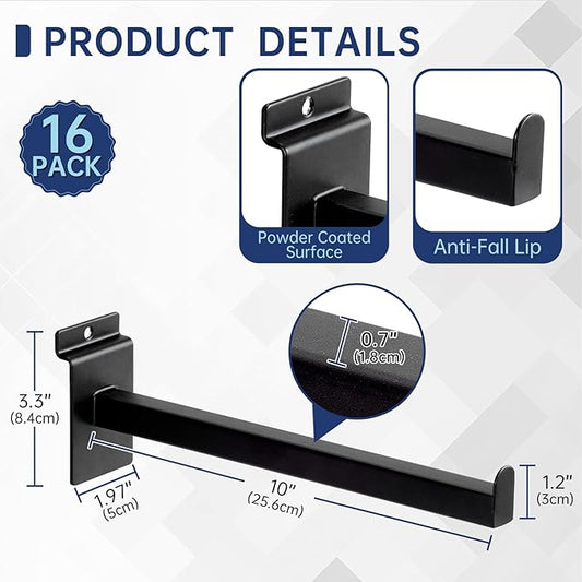 16 Pack Heavy Duty Tube Slatwall Shelf Brackets, Metal Tubular Slat Wall Brackets with Lip, Slatwall Accessories for Garage, Retail, and Home Storage (10 Inch)