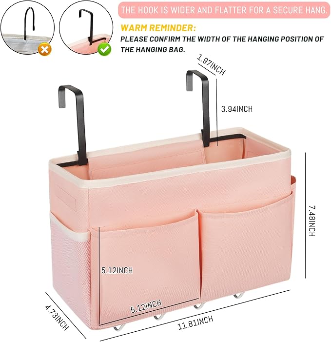 Retyion Bedside Storage Bag with 4 Hooks Multi-Function Hanging Organizer Caddy for Headboards Bunk Bed Hospital Bed (2Pack Pink)
