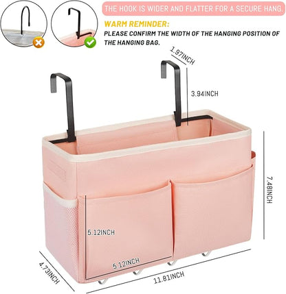 Retyion Bedside Storage Bag with 4 Hooks Multi-Function Hanging Organizer Caddy for Headboards Bunk Bed Hospital Bed (2Pack Pink)