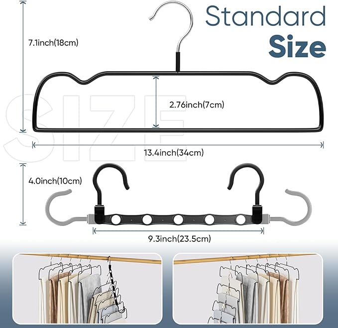 UEAKPIC Black Rubber Coated Metal Pants Hangers 20 Pack with Shoulder Notches, Non-Slip, Heavy Duty, Space Saving Closet Organizer for Slacks, Scarf, Ties, Includes 4 Magic Hangers and 10 Hooks