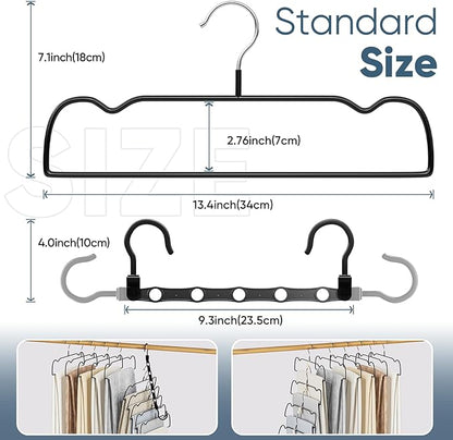 UEAKPIC Black Rubber Coated Metal Pants Hangers 20 Pack with Shoulder Notches, Non-Slip, Heavy Duty, Space Saving Closet Organizer for Slacks, Scarf, Ties, Includes 4 Magic Hangers and 10 Hooks