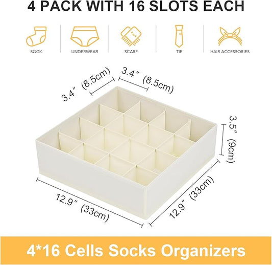 Joyoldelf Sock Drawer Organizer Divider Underwear Organizer 16-cell Fabric Dresser Drawer Organizers Storage Boxes for Socks Lingerie, Handkerchiefs, Ties 4 Pack (Beige)