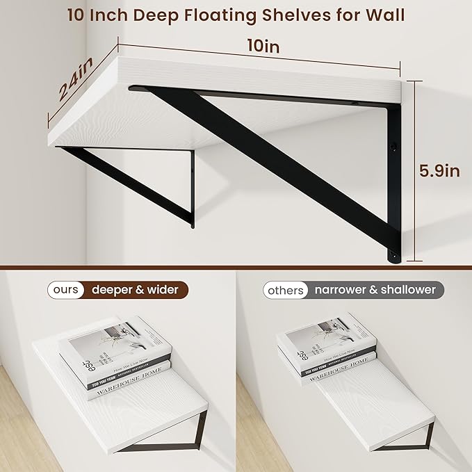 Axeman Deep Floating Shelves | 24 Inch White Wall Shelves Set of 2 | 10 Inch Deep Wood Floating Shelves for Wall | 24" W x 10" D White Shelves for Living Room Bathroom Kitchen
