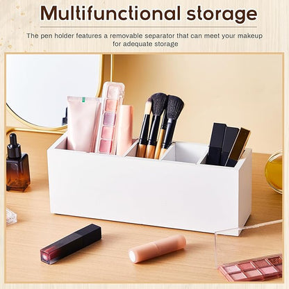 Jetec Wooden Pencil Holder 5 Compartments for Desk Adjustable Pen Holder Wood Office Desk Organizers and Accessories Makeup Brush Organizer for Pen, Home, Office and Art Supplies (White)