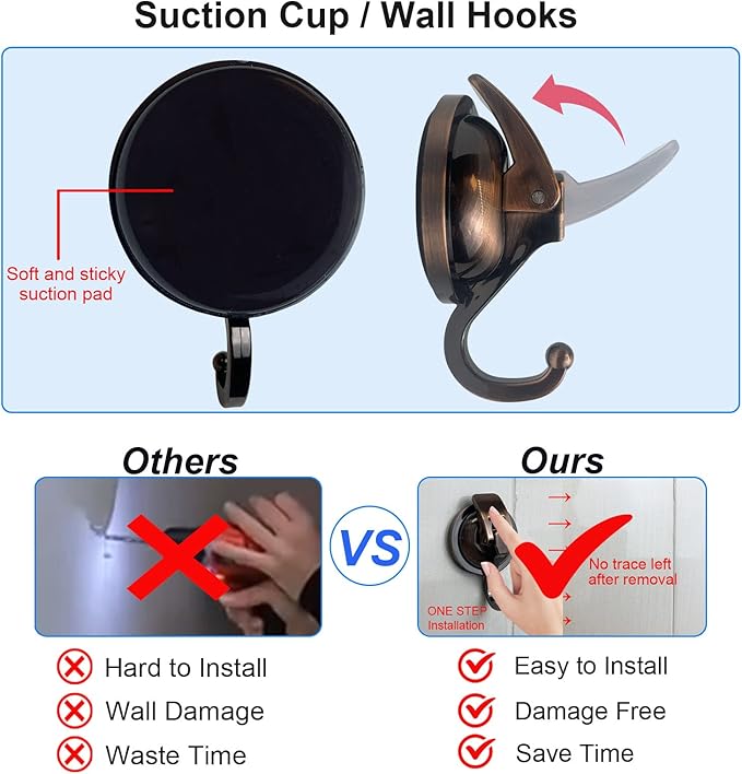 YSSILADI Heavy Duty Vacuum Suction Shower Hooks - Glass Suction Cup Hooks, for Bathroom Robe or Garland Decoration (Antique Brass, 6 Pack)