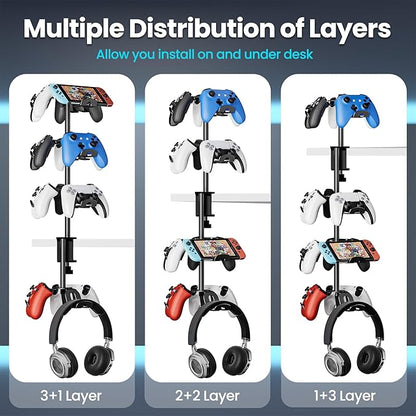 Rotatable Aluminum Desk Clamp Controller Holder, 4 Tier Universal Under Desk Controller Headphone Stand Compatible with Xbox PS5 Nintendo Switch PS4, Gaming Headset Holder Hanger (Black)