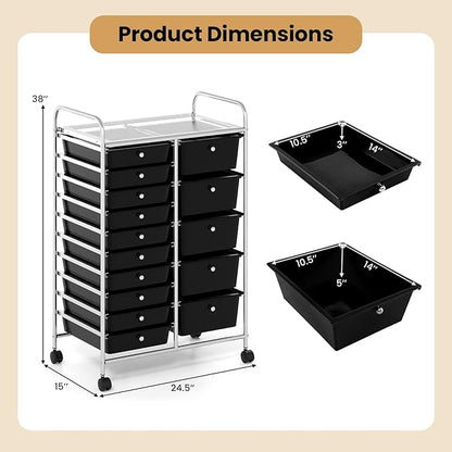 Giantex 15 Drawer Rolling Cart with Drawers, Storage Organizer Cart for Classroom Office School Teacher, Mobile Drawer Cart for Tools, Crafts, Small Printer, Black
