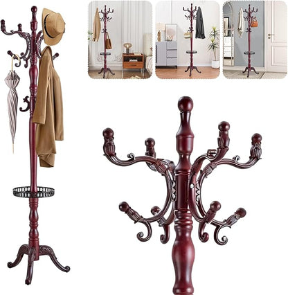 Solid Wood Coat Rack – Freestanding Coat Racks Stand with Hooks & Stable Base, Adjustable Height Modern Wooden Hall Tree for Entryway, Bedroom, Office, Home (H12 Mahogany)