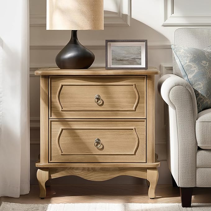 HULALA HOME Nightstand with 2 Drawers of Sculpted Drawer Front, French End Table with Curved Tabletop, Vintage Night Stand with Charging Station, Solid Wood Legs(Oak)