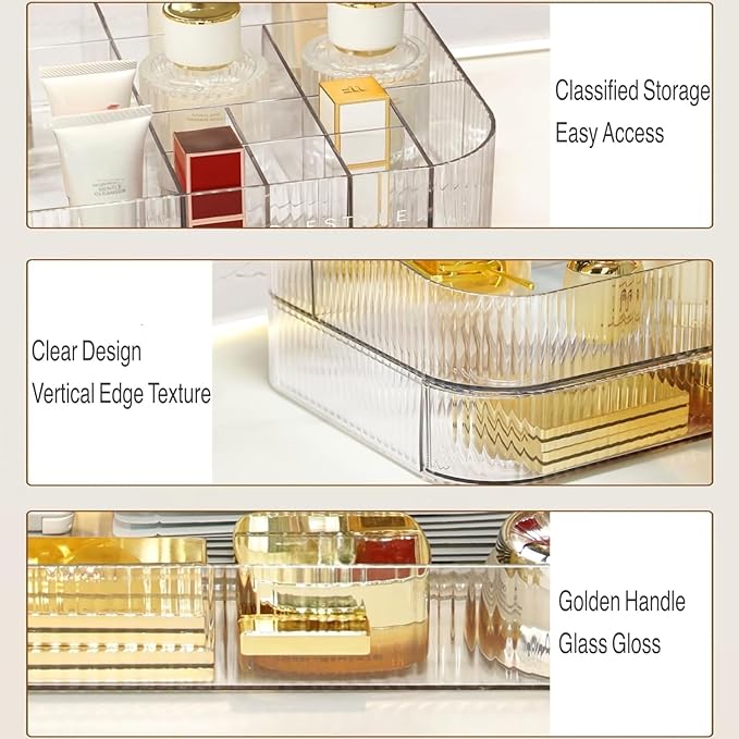 Decorcode Clear Makeup Organizer for Vanity, Large Desk Organizer with Stackable Drawer for Cosmetics, Skincare, Lipsticks, Palette, Nail Care, Ideal Storage for Dresser and Bathroom Countertop