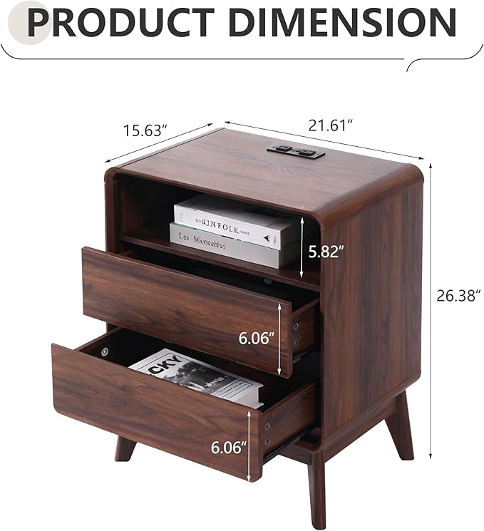 GlowVitaHome Nightstands Set of 2, Wood Bedside Tables with 2 Drawers and Open Storage, Accent End Tables with Solid Wood Legs for Bedroom,Walnut
