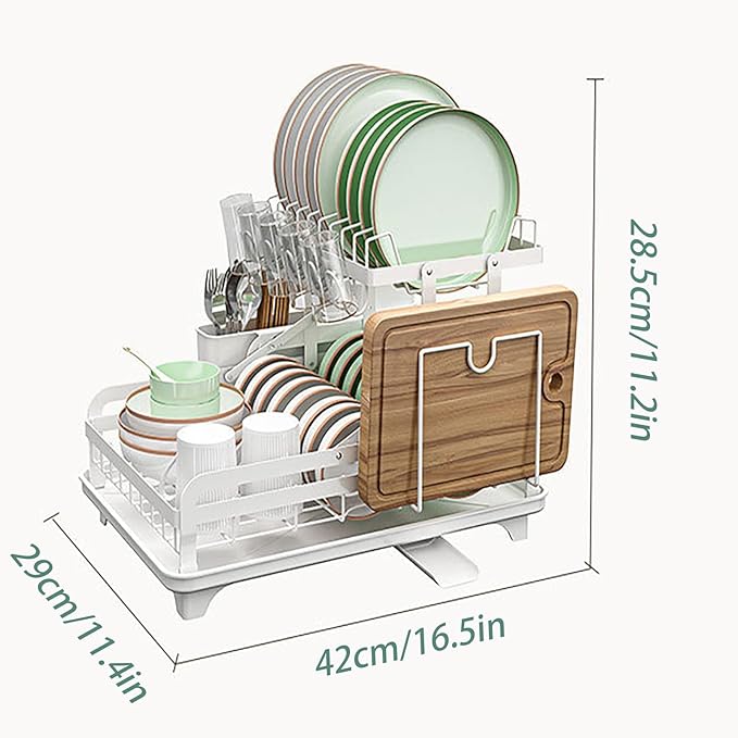 HOISIMDY 2 Tier Dish Drying Rack Automatic Drainage Board Space-Saving for Kitchen Counter with Cups Holder
