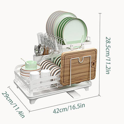 HOISIMDY 2 Tier Dish Drying Rack Automatic Drainage Board Space-Saving for Kitchen Counter with Cups Holder