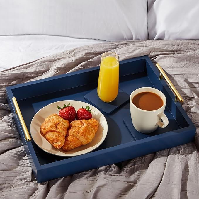 Juvale Coffee Table Tray - 15.7 x 11.8 x 3 in, Blue, Rustic Wood - Serving Tray with Interchangeable Gold & Silver Handles for Coffee Table Decor & Ottoman Use with 2 Coasters