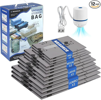 NAIAOHCR 12Pack Oxford Vacuum Storage Bags with Electric Pump & See-Through Window (3 Jumbo/3 Large/3 Medium/3 Small), Reusable Space Saver Vacuum Seal Bags for Travel, Clothing, Comforters