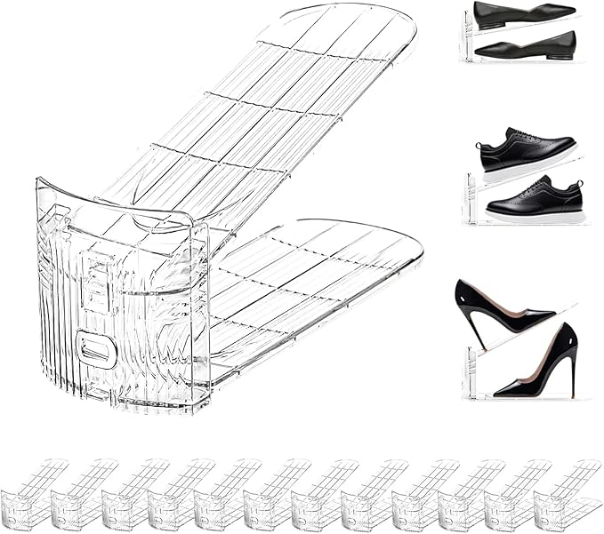 12 Pack Clear Shoe Slots Organizer Adjustable Shoe Stackers for a Pair of Shoes Rack Storage Shoe Space Saver 51% Shoe Hold Shoe Organizer for Closet