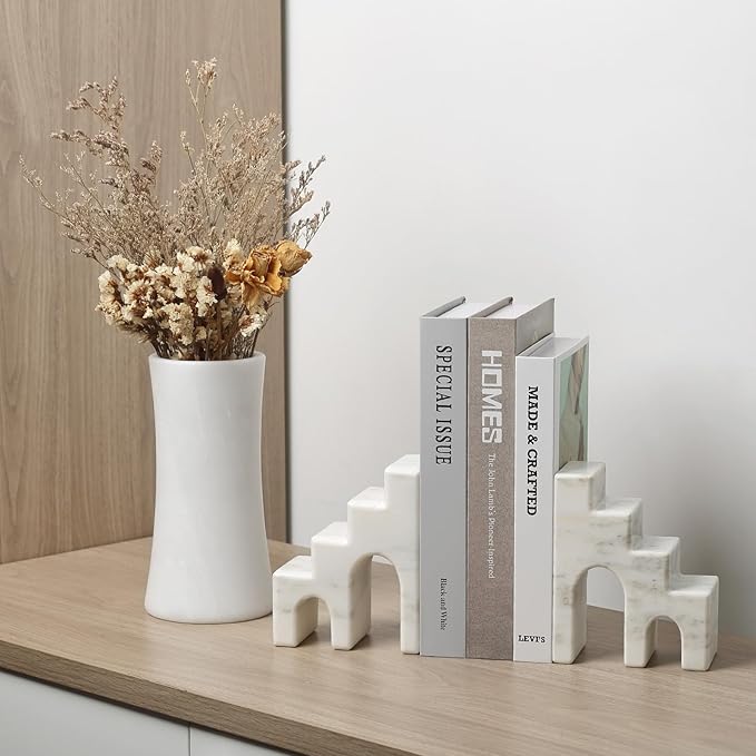 Decorative Natural Marble Book Ends for Shelves, Aesthetic Stone Bookends for Heavy Books, Unique Castle Book Holder/Stopper for Chic Home, Office, or Library Any Bookshelf Decor, Set of 2 (White)