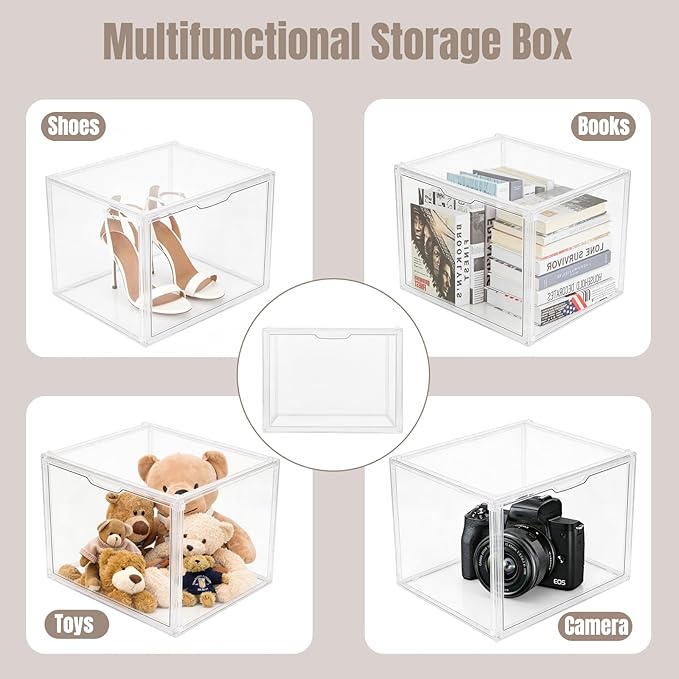 Cutora 9Pack Purse Organizer for Closet Clear Acrylic Display Case Handbag Storage Organizer Box with Magnetic Door Stackable Storage Bins with Dustproof Lid for Book Toys Shoes Cosmetic Collectibles