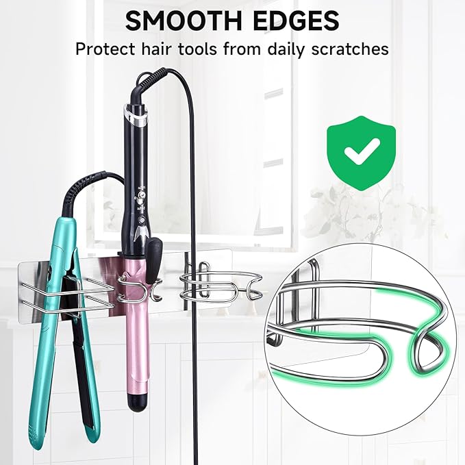 Oukimly Blow Dryer Holder Wall Mounted Curling Iron Holder, 3 in 1 Hair Tool Organizer for Straightener, Curling Iron, Hair Dryer Holder Adhesive Flat Irons Storage for Bathroom Barber Shop (Silver)