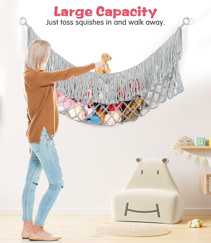 Stuffed Animal Hammock - Extra Large 56'' Long, Stuffed Animal Storage, stuffed animal Holder net, Hammock Large, Storage Hanging Organizer - Light grey