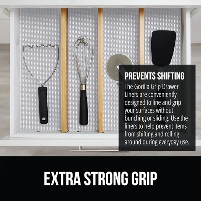 GORILLA GRIP powerGRIP Drawer Shelf and Cabinet Liner, Thick Strong Hold, Non-Adhesive Liners Protect Kitchen Cabinets and Cupboard, Bathroom Drawers, Easy Install, Breathable Mat, 17.5" x30', Lt Gray
