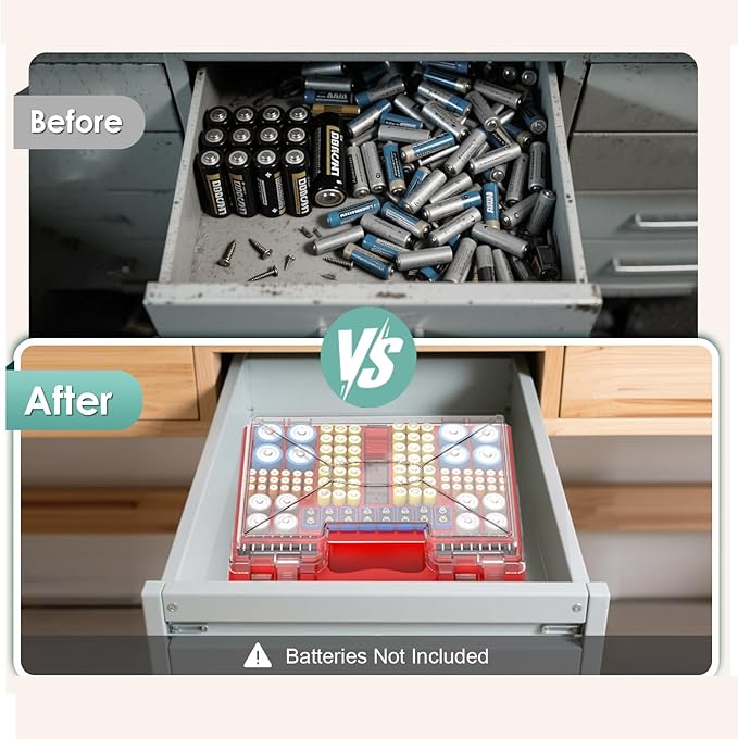 Upgraded Large Capacity Battery Storage Organizer with Tester, Battery Organizer Holds 185+Batteries with Double-Sided & Portable Handle, Fireproof & Splash-Proof Battery Holder for Most Sizes, Black